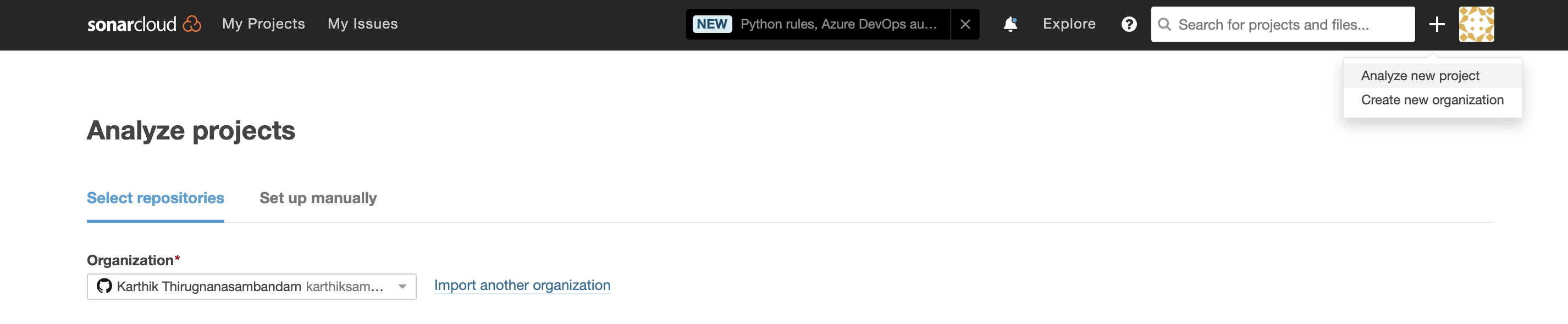 new project setup on SonarCloud