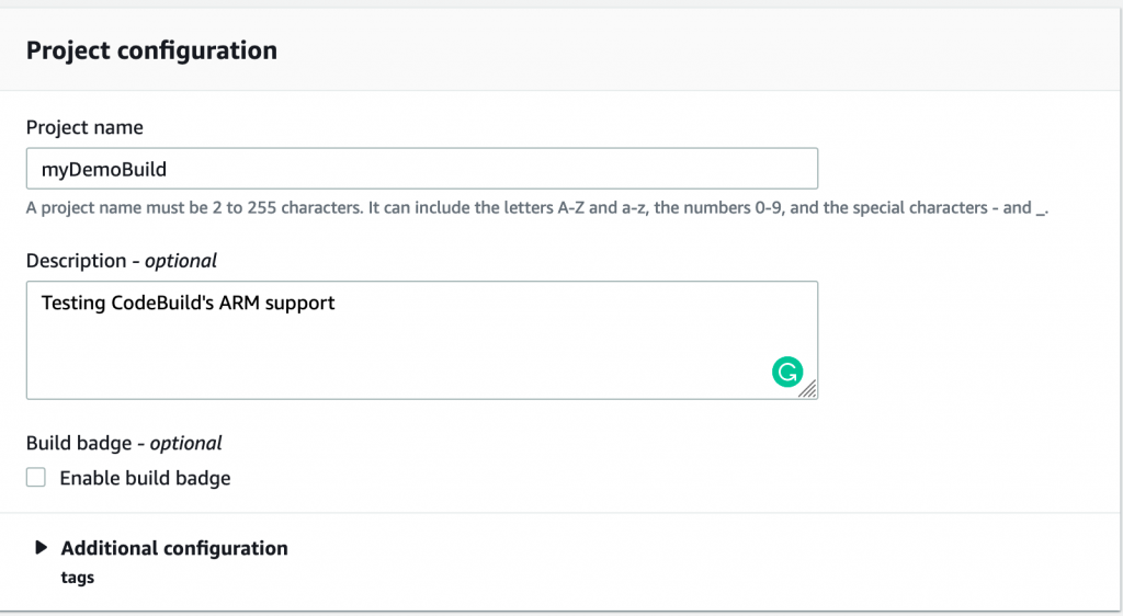 image showing entering our project name myDemoBuild and an optional description