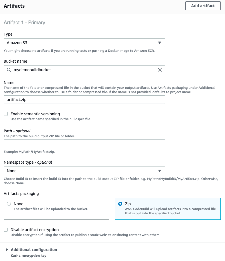 image showing the artifact configuration for our CodeBuild project.