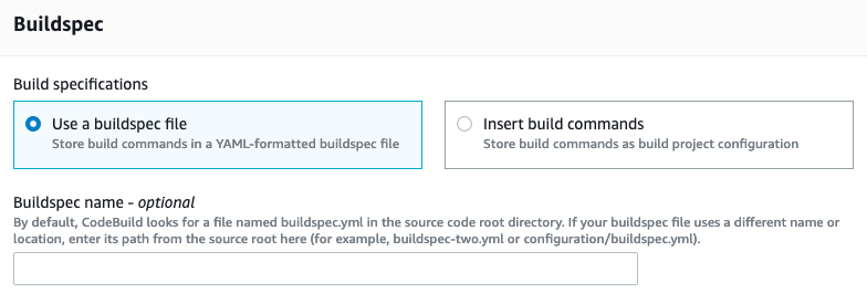 Image showing us select to use a buildspec file.