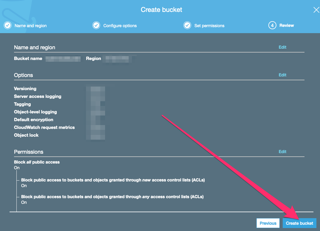 image showing the summary of the bucket creation process and to click create bucket.