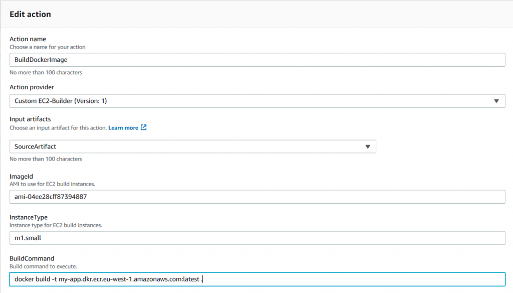 Windows Server container custom action properties