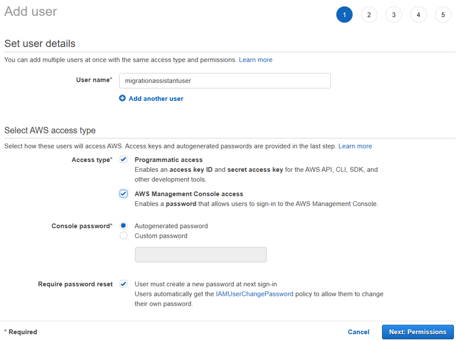 AWS Console screen for adding a new IAM user.