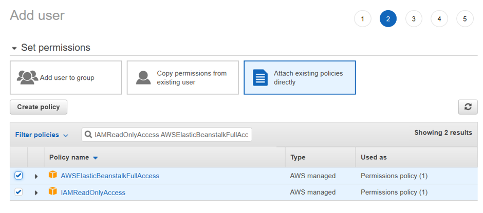 Screen to add existing policies to a user.