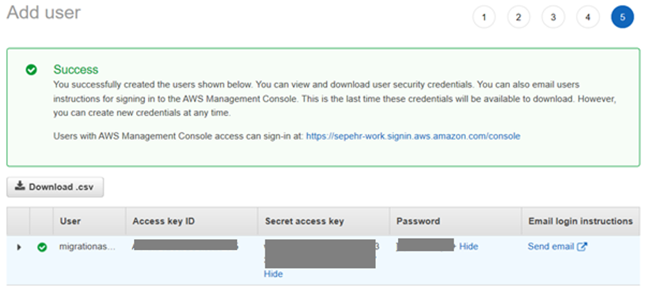 Success message for creating a new user, showing secret keys and credentials.