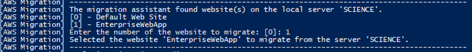 Migration assistant lists web sites hosted in IIS and prompts to select one.