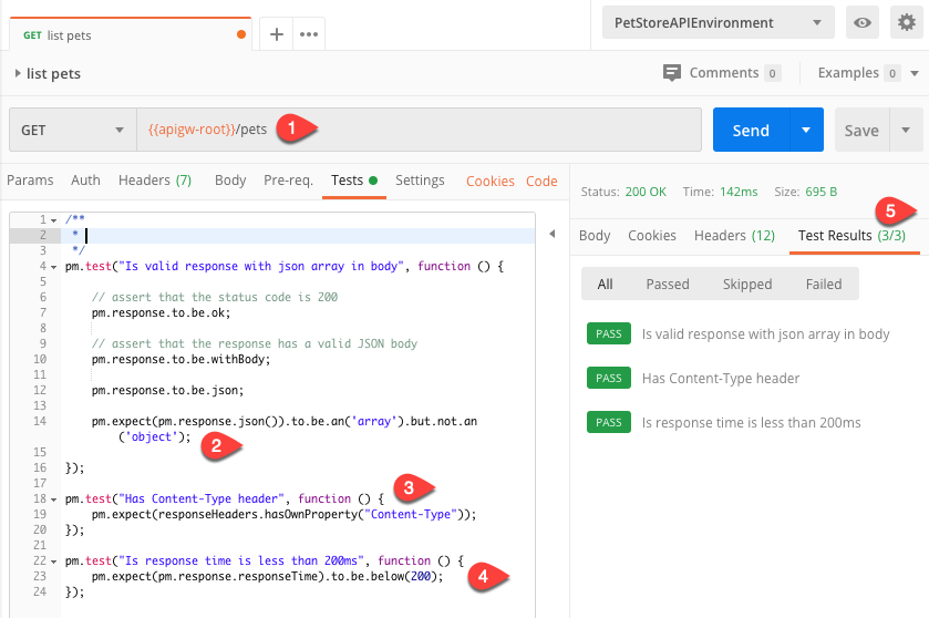 Postman screenshot showing tests for specific endpoint.