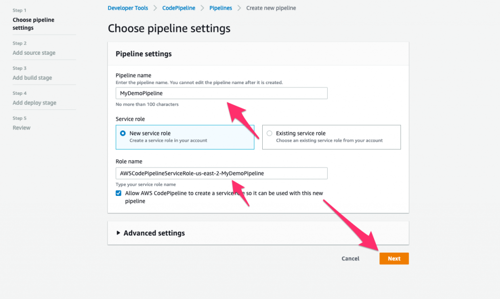 Enter name of pipeline in CodePipeline Console.