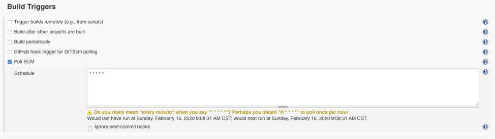 Screenshot of Build Triggers confoguration in a Jenkins freestyle project