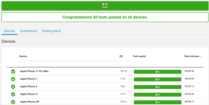 Sucessfully executed tests on Device Farm