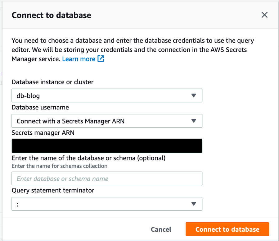 Amazon RDS connect to database window