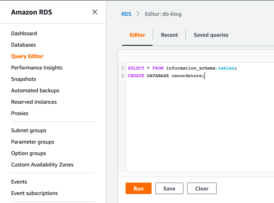 Amazon RDS Query editor