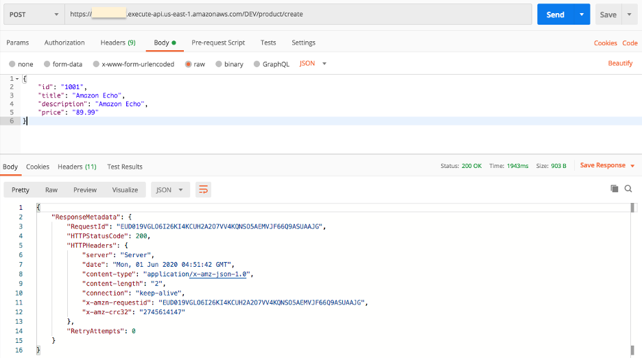 Create Product API request/response