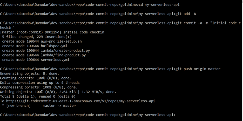 Git push code to master branch of code commit repository