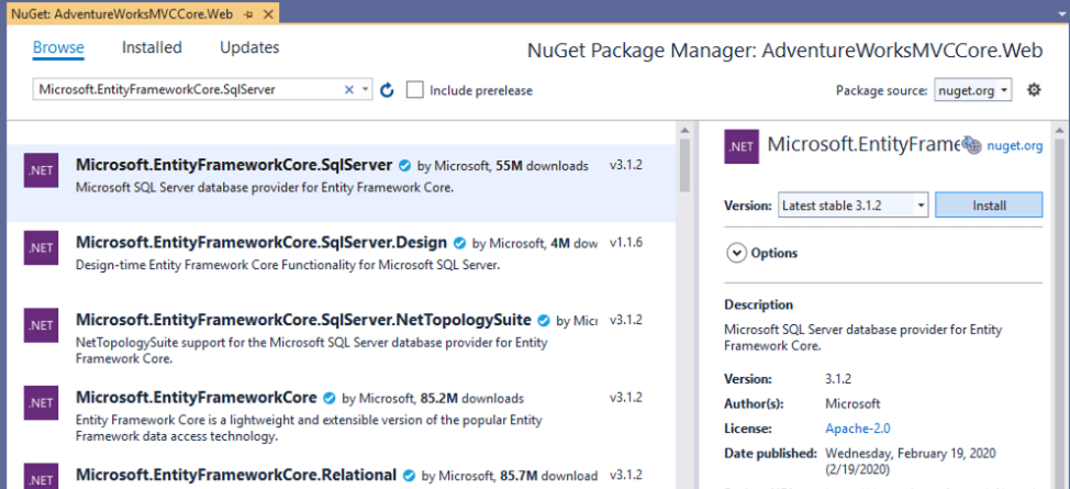 Add Entity Framework Core nuget