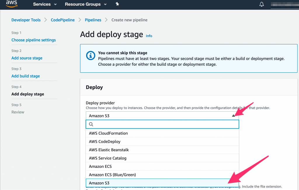 Select S3 from the deploy provider.