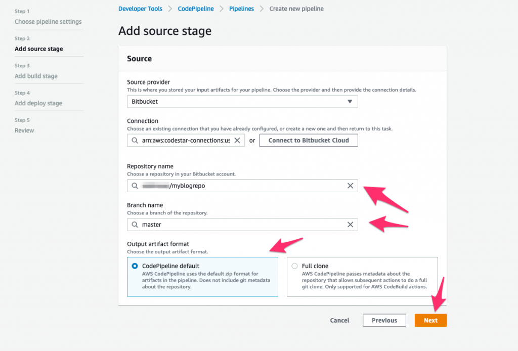 Select repository, branch, and output artifact then select next.