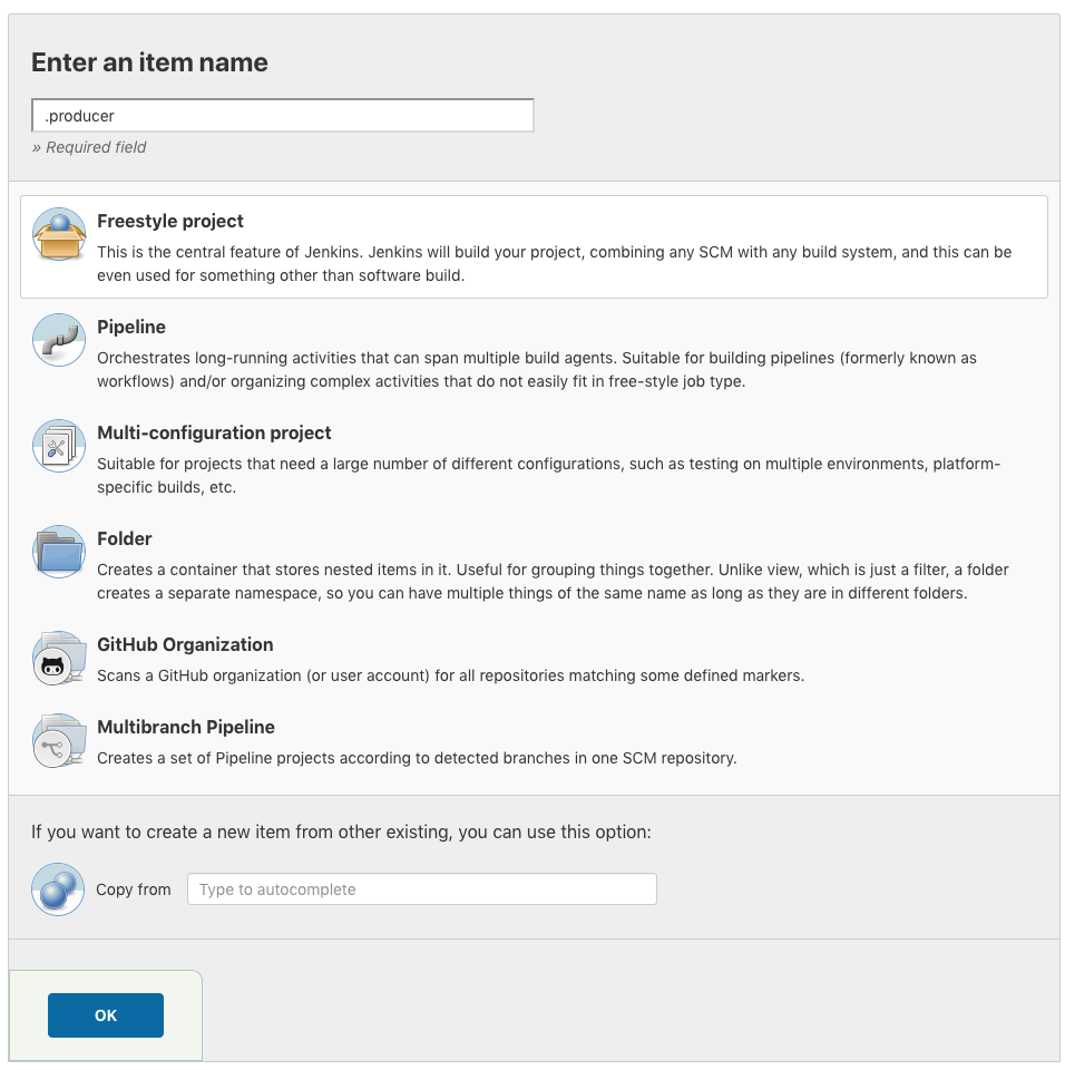 Jenkins new project wizard