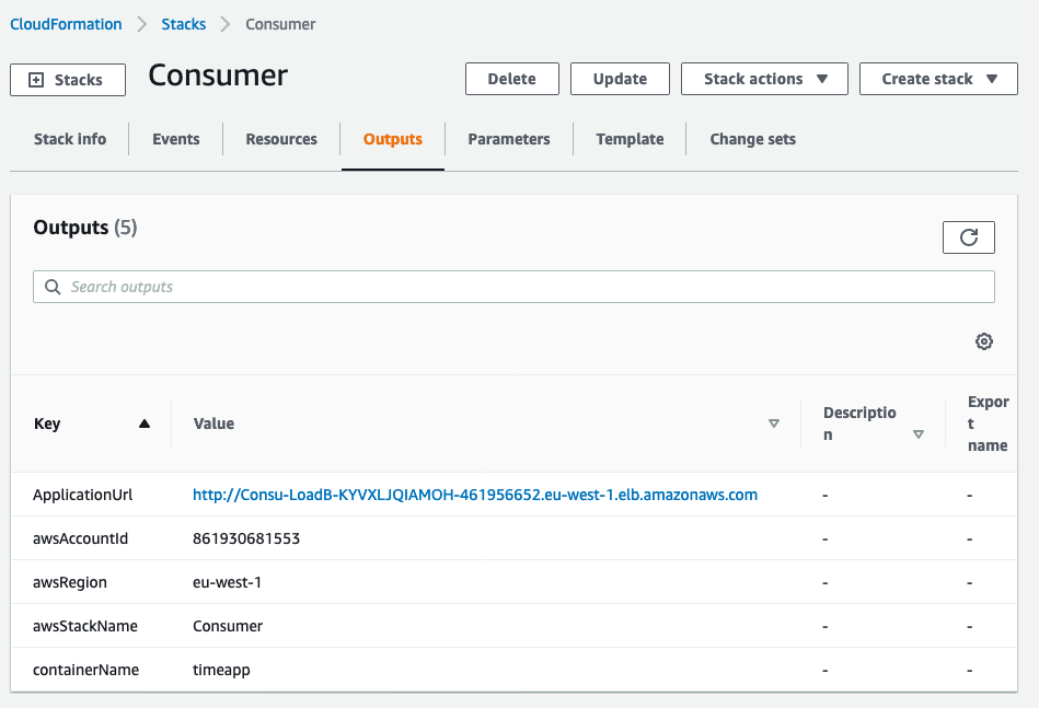 Application stack outputs tab