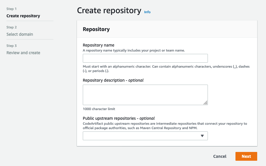 AWS CodeArtifact repository wizard
