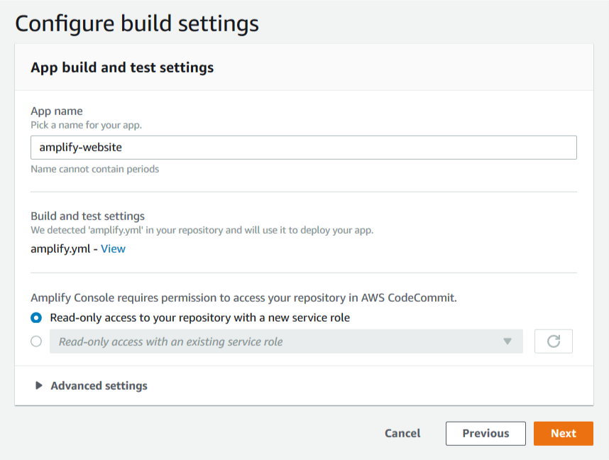 Amplify configure build settings