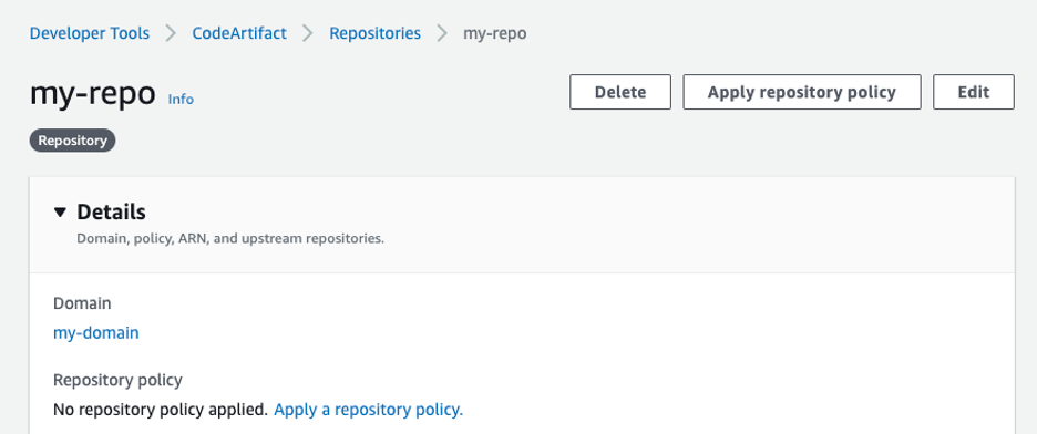 CodeArtifact repository details console