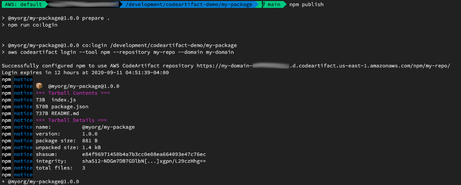 Terminal showing npm publish output
