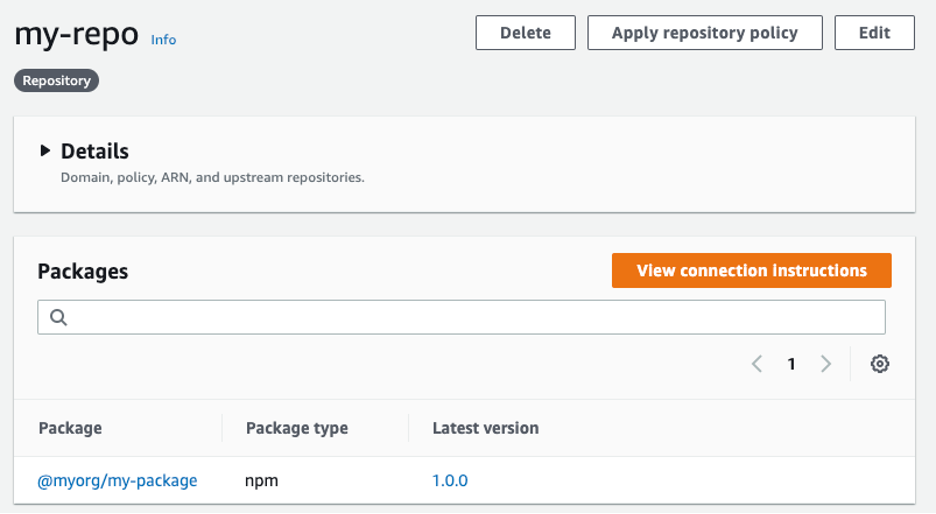 CodeArtifact console showing published npm package