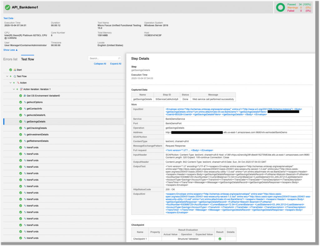 UFT One HTML report shows regression testresult and test detals