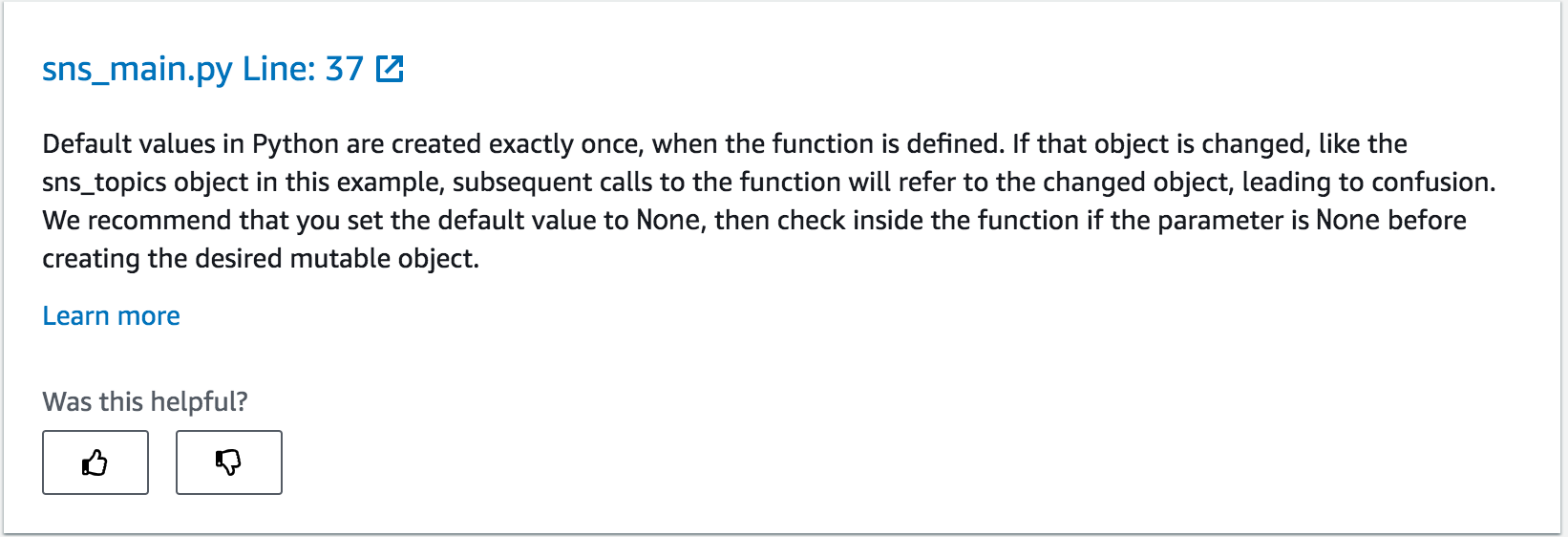 The following screenshot shows CodeGuru Reviewer recommends about initializing a value for mutable objects
