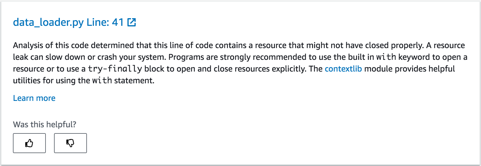 The following screenshot shows CodeGuru Reviewer recommend about fixing the potential resource leak