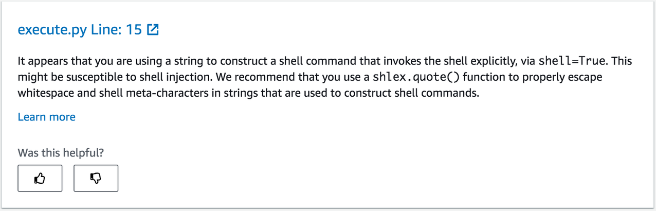 The following screenshot shows CodeGuru Reviewer recommends about potential shell injection vulnerability
