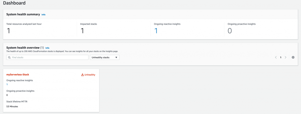 DevOps Guru dashboard showing an ongoing reactive insight