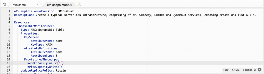 CloudFormation showing read capacity settings to modify