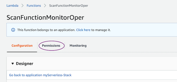 Accessing the permissions tab for the Lambda