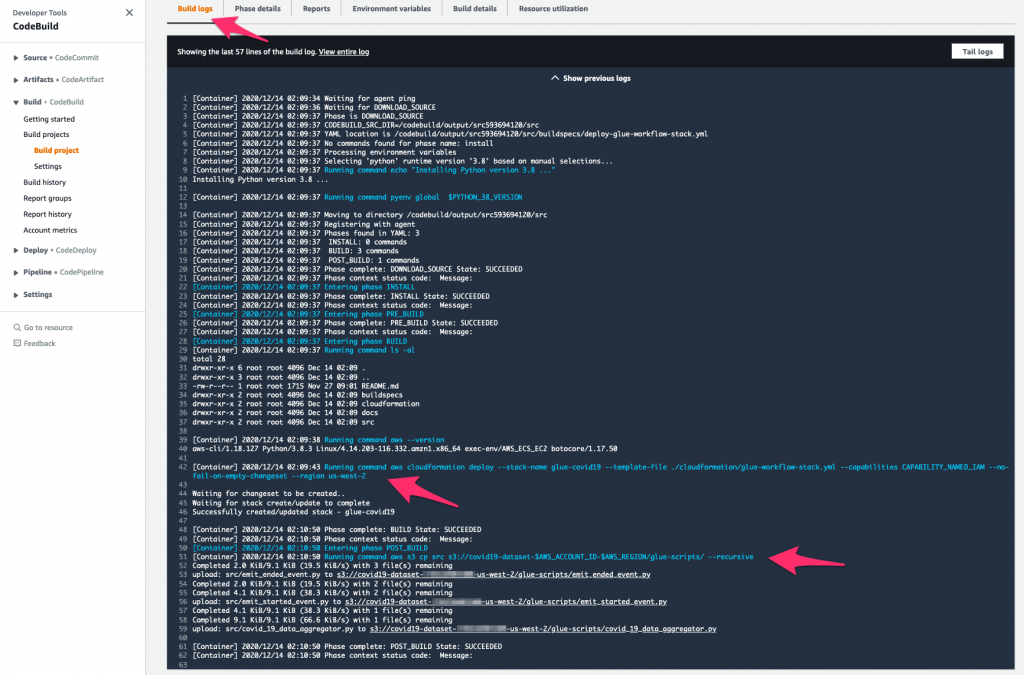 CodeBuild console displaying build logs