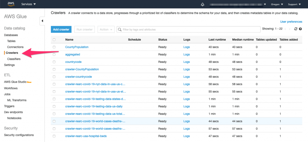 Glue console showing crawlers