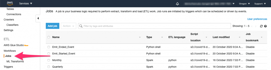 Glue console showing jobs