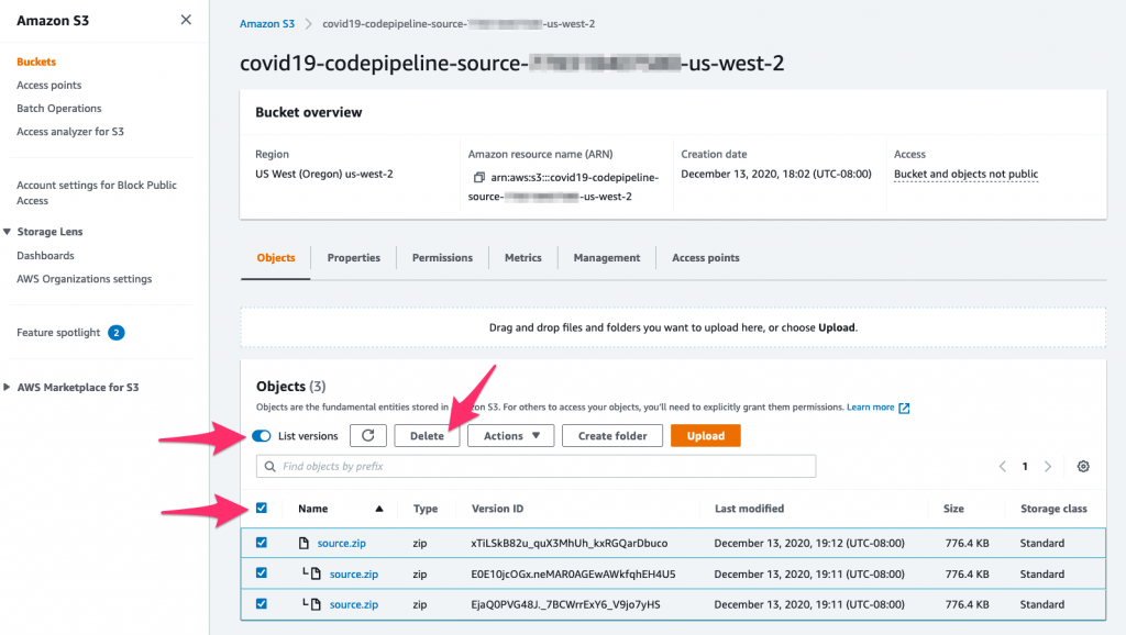 S3 console delete all object versions
