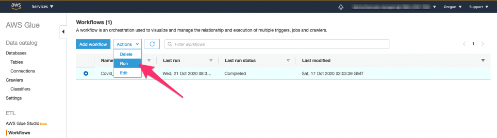 Glue console run workflow