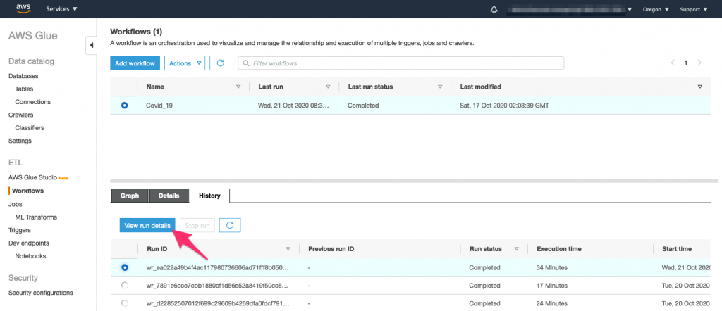 Glue console view run details of a workflow