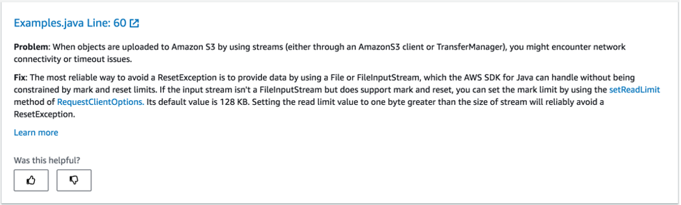 Screenshot of recommendations for handling exceptions