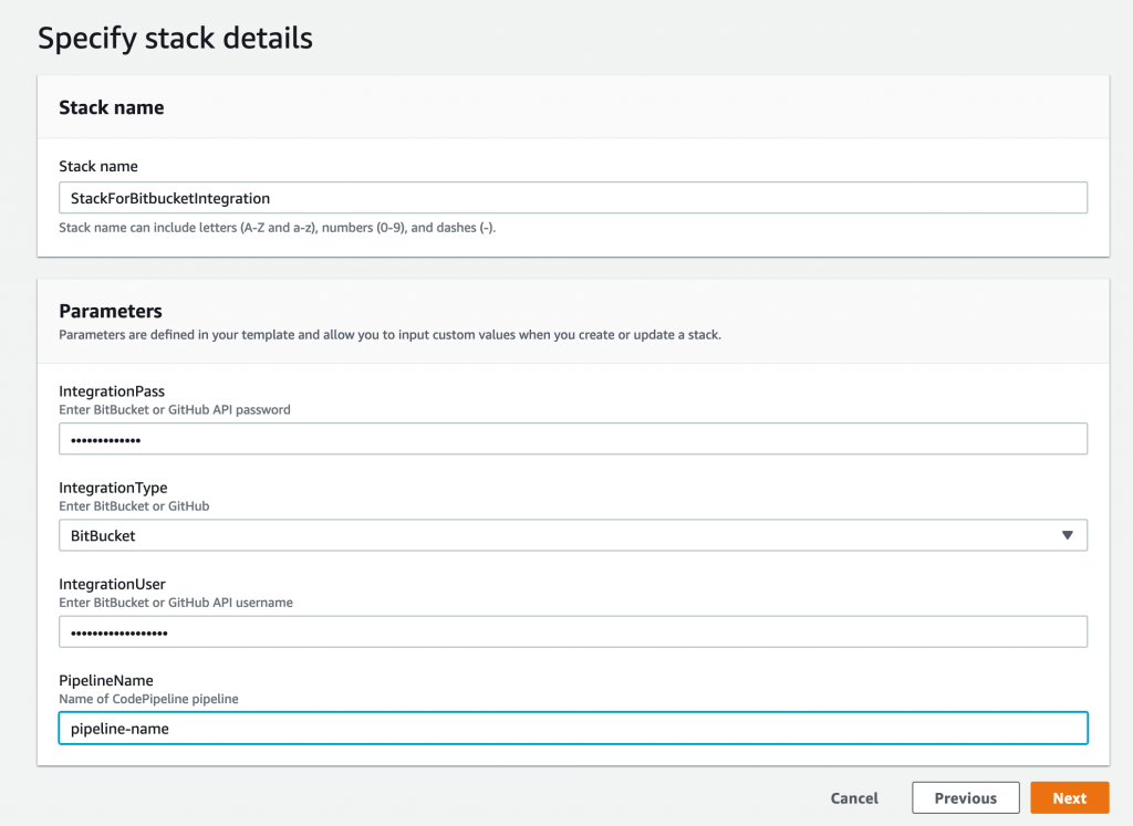 CodePipeline build status CloudFormation Parameters