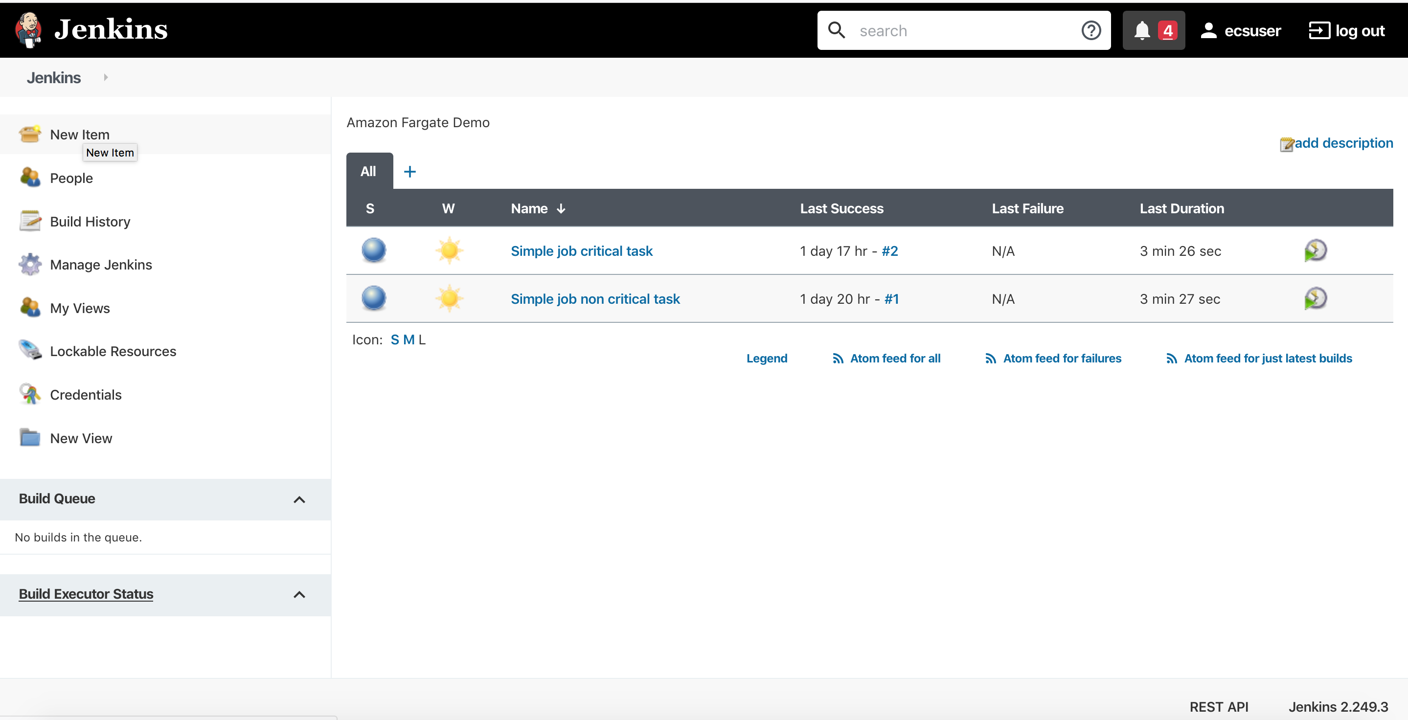 This picture depicts the two pre-provisioned Jenkins jobs. One of them would schedule jobs on a standard FARGATE cluster and the other would schedule jobs on a cluster with FARGATE_SPOT capacity provider.