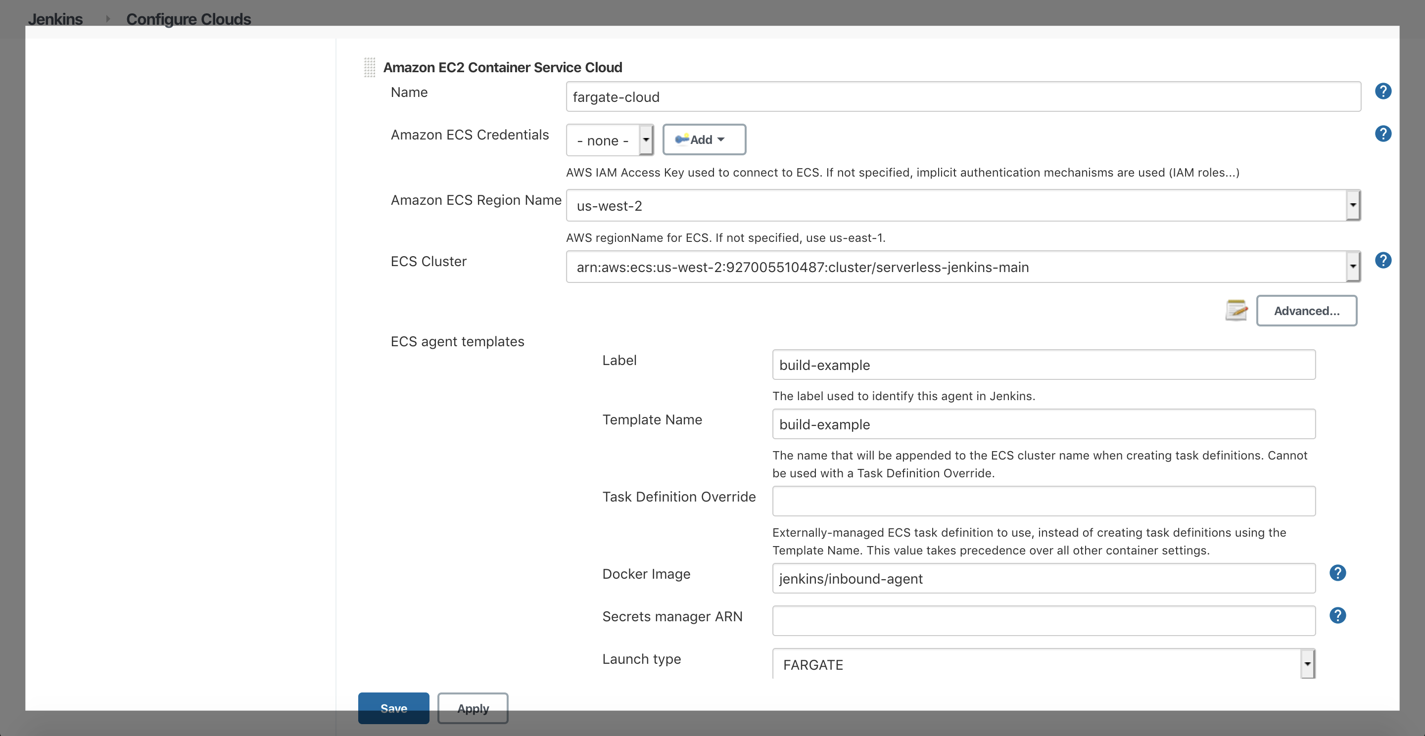 This picture depicts the Amazon EC2 container service cloud configuration for the Amazon Elastic Container Service (ECS) / Fargate plugin.