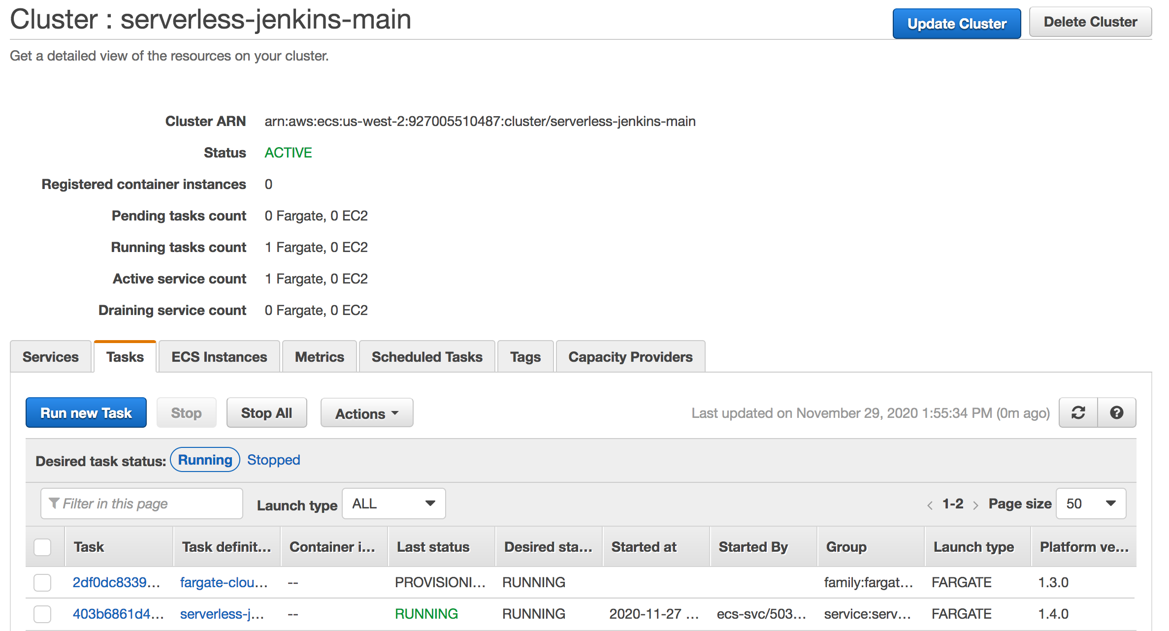The picture depicts that the Jenkins job run creates a task in the cluster with FARGATE capacity provider.