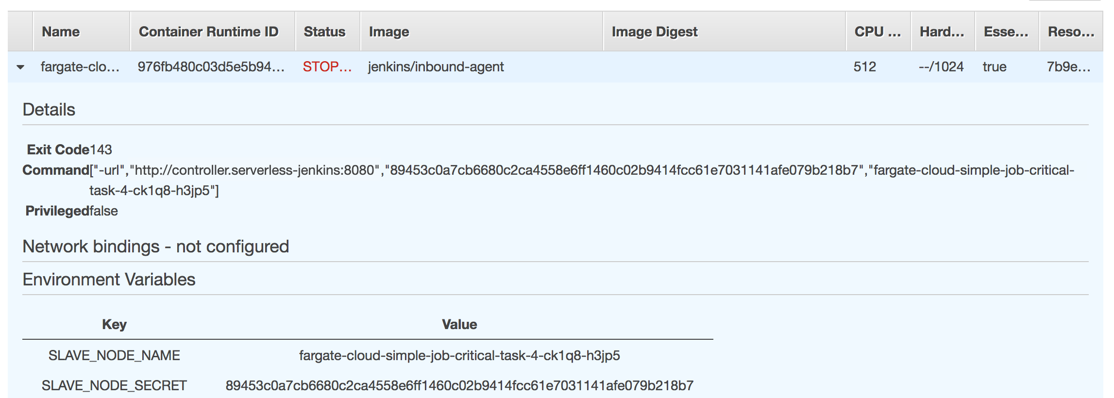 This picture depicts that the ECS task is stopped once the Jenkins job is finished.