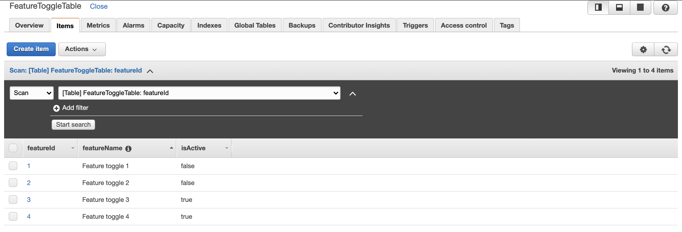 Feature toggle tracking table