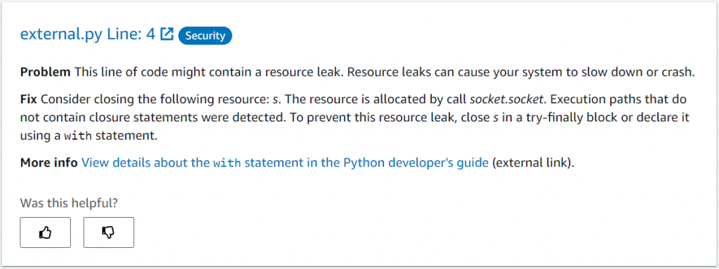 CodeGuru recommendation indicating potential resource leak