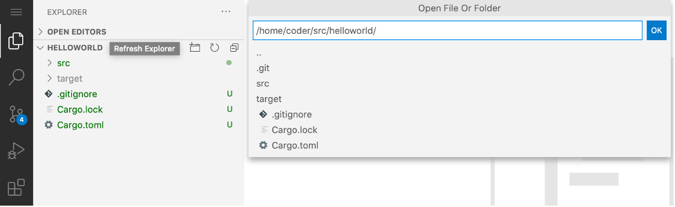 Open File or Folder dialog in Code Server